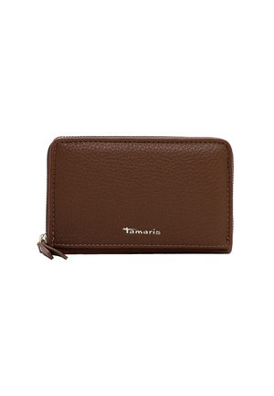 Brown leather wallet with a textured surface, zip closure, and gold logo accent. Rectangular shape, compact design for easy carrying.