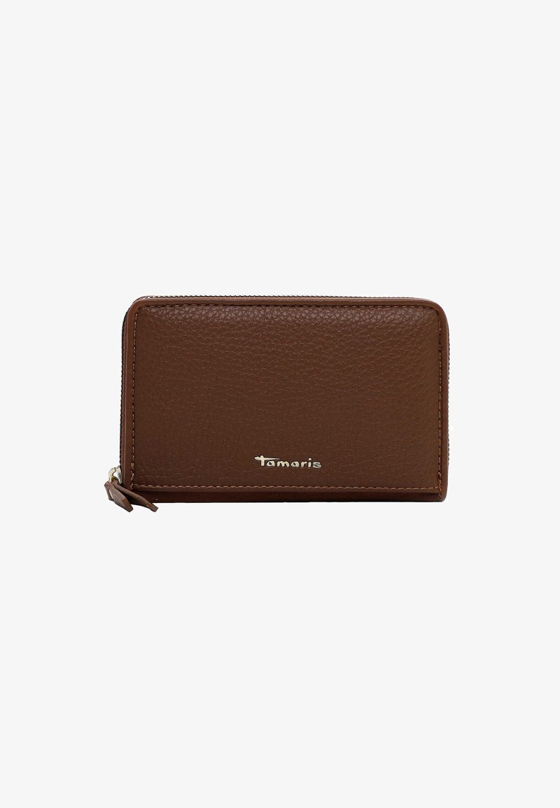 Brown leather wallet with a textured surface, zip closure, and gold logo accent. Rectangular shape, compact design for easy carrying.