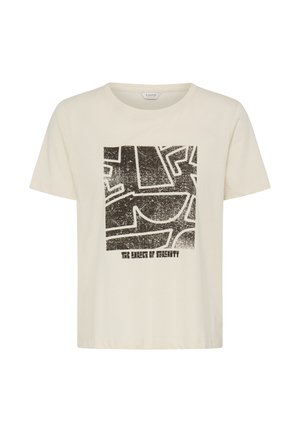 Camiseta beige de manga corta con gráfico abstracto negro en forma de cuadrado y texto "The Shades of Serenity" en el frente.