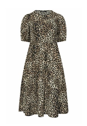 Midi-jurk met luipaardprint, pofmouwen, ronde hals en een geplooide, gelaagde rok in bruine, zwarte en beige tinten.