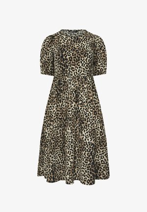 Robe midi à imprimé léopard avec manches bouffantes, encolure ronde et jupe à volants froncée, dans des tons marron, noir et beige.