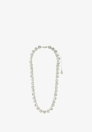 Srebrna ogrlica s lancem sastavljena od kružnih karika i teksturiranih diskova, s kopčom u obliku jastoga i produžnim lancem za prilagodivu duljinu.