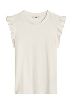 Witte mouwloze top met gerimpelde schouderdetails en een ronde halslijn.