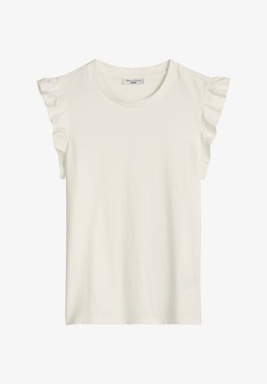 Haut blanc sans manches avec détails volantés aux épaules et encolure ronde.