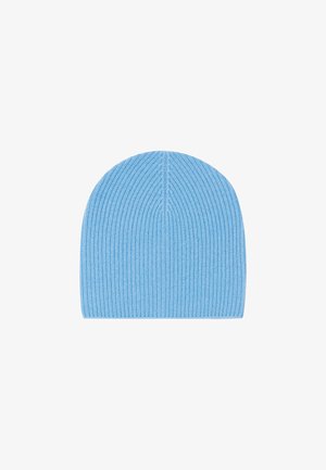 Lichtblauwe gebreide beanie met een geribbelde structuur en een afgeronde bovenkant. De stof is zacht, biedt warmte en een comfortabele pasvorm.