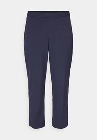 Laivastonsiniset, sileäpintaiset housut. Niissä on joustava vyötärö, suora leikkaus ja kaksi sivutaskua. Minimalistinen muotoilu ilman kuvioita.