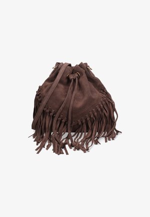 Braune Wildleder-Eimer-Bag mit Fransenverzierungen, Kordelzugverschluss und goldenen Hardware-Details. Weiche Textur, runde Form, mittlere Größe.