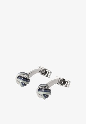 Gemelli da polso in tono argento con design a nodo attorcigliato, caratterizzati da strisce di smalto blu navy e grigio chiaro.