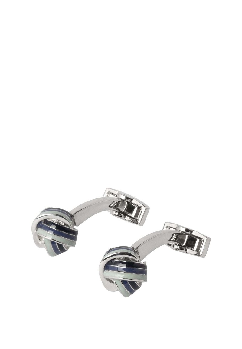 Gemelos de tono plateado con diseño de nudo retorcido que presenta rayas de esmalte en azul marino y gris claro.