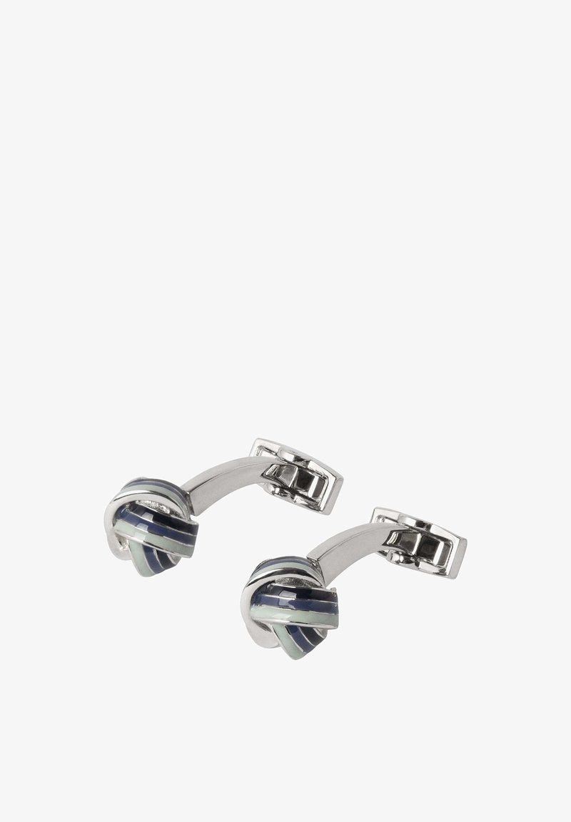 Gemelos de tono plateado con diseño de nudo retorcido que presenta rayas de esmalte en azul marino y gris claro.