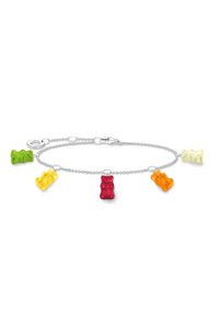 Pulsera con cadena de plata que presenta cinco charms de ositos de goma en verde, amarillo, rojo, naranja y blanco, destacando un diseño divertido.