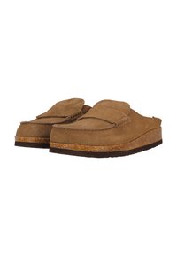 Bequeme braune Wildleder-Slipper mit einem niedrigen Korksohle, die eine genähte Akzentuierung um das Obermaterial und ein rundes Zehendesign aufweisen.