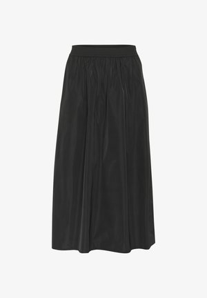 Čierna sukňa strednej dĺžky s elastickým pásom, s hladkou, lesklou textúrou a jemnými skladmi pre zvýraznenie objemu.