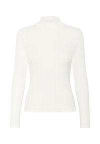 Top alb cu maneci lungi și guler înalt, confecționat dintr-un material ribalt, având un design ajustat și o textură netedă, fără accente vizibile.