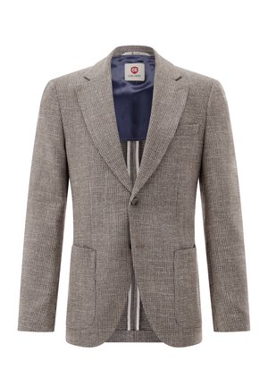 Beiger und brauner Herrenblazer mit einem Knopf und Hahnentrittmuster, mit Revers, zwei aufgesetzten Vordertaschen und dunkelblauem Innenfutter.