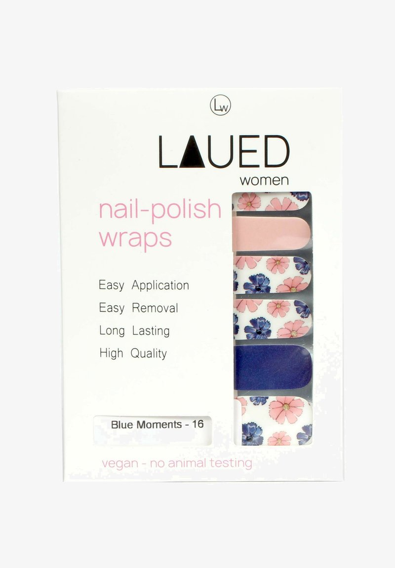 Des autocollants à ongles en rose, bleu et blanc avec des motifs floraux. L'emballage porte la mention "Moments Bleus", et met en avant une application et un retrait faciles. Végan.