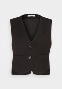 Gilet nero su misura senza maniche con scollo a V, due bottoni e tre tasche a patta, esposto su uno sfondo chiaro e semplice.