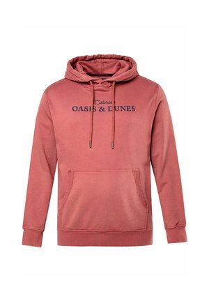 Męska wyblakła czerwonawo-różowa bluza z kapturem, z przednią kieszenią na brzuchu, kapturem ze sznurkiem i granatowym napisem "Colorado OASIS & DUNES" na piersi.