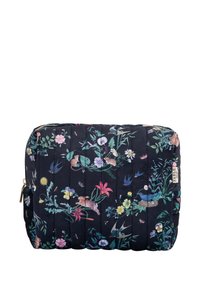 Borsa per il trucco floreale in tessuto trapuntato blu navy, con fiori colorati e piccoli animali, chiusura con zip e un'etichetta di stoffa sul lato.