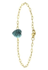 Gouden kettingarmband met een turquoise hartcharme, textuur met donkere aderen, beveiligd met een karabijnslot.