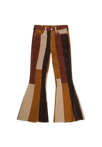 Corduroy flared broeken met verticale strepen in bruin, tan en mosterd. Kenmerkend ontwerp met een hoge taille en vijf zakken.