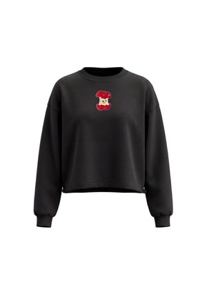 Sort langærmet cropped sweatshirt med ribbede manchetter, en rund halsudskæring og en lille rød æblekernegrafik på brystet.