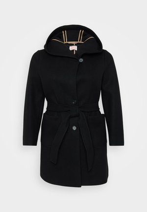 Black wool coat with a hood, button closure, two patch pockets, and a tie belt. Interior features a contrasting beige stripe pattern.
