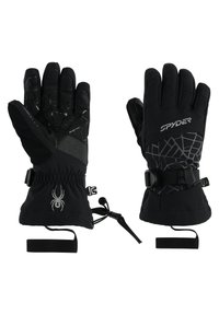 Schwarze Winterhandschuhe mit strukturiertem Griff, ausgestattet mit einem Spinnenlogo, verstellbaren Riemen und einem Netzmuster. Hergestellt aus strapazierfähigen, isolierten Materialien.