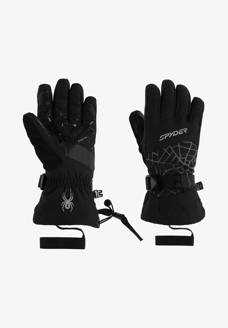 Gants d'hiver noirs avec une texture antidérapante, comportant un logo d'araignée, des sangles réglables et un motif de toile. Fabrication en matériaux durables et isolés.