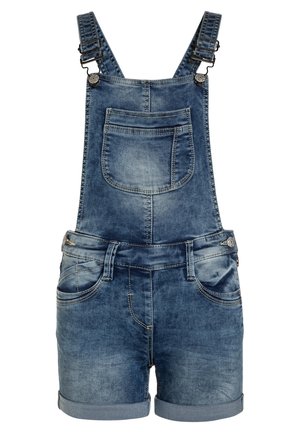 Krótkie ogrodniczki z denimu z regulowanymi ramiączkami, dwiema przednimi kieszeniami i jedną kieszenią z tyłu. Jasny niebieski odcień z wyblakłymi miejscami i podwiniętym dołem.