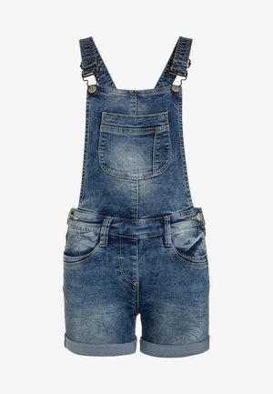 Krótkie ogrodniczki z denimu z regulowanymi ramiączkami, dwiema przednimi kieszeniami i jedną kieszenią z tyłu. Jasny niebieski odcień z wyblakłymi miejscami i podwiniętym dołem.