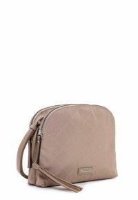 Borsa a tracolla imbottita beige con un motivo a rombi, chiusura a doppia zip e tracolla removibile. Tag con logo sulla parte frontale. Texture liscia.