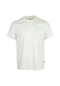 Witte katoenen T-shirt met een ronde hals, korte mouwen en een subtiele logo op de borst. Recht gesneden zonder patronen of accenten.
