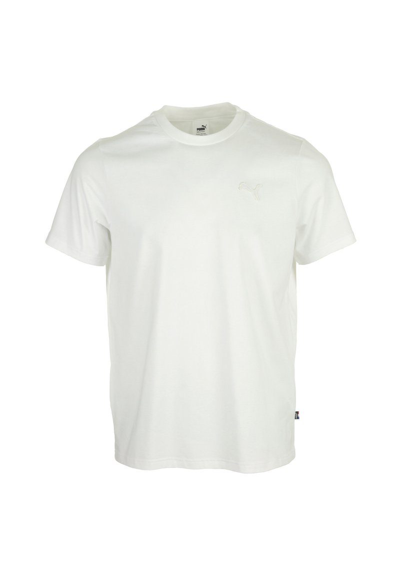 Witte katoenen T-shirt met een ronde hals, korte mouwen en een subtiele logo op de borst. Recht gesneden zonder patronen of accenten.