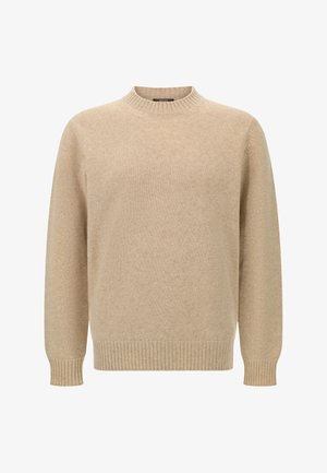 Maglione beige realizzato in morbido tessuto a maglia, caratterizzato da scollo rotondo, maniche lunghe e polsini e orlo a coste per una vestibilità aderente.