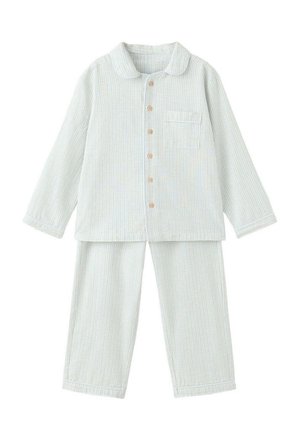Pyjama deux pièces à carreaux vert clair, manches longues, haut boutonné avec col, poche avant et pantalon ample assorti.