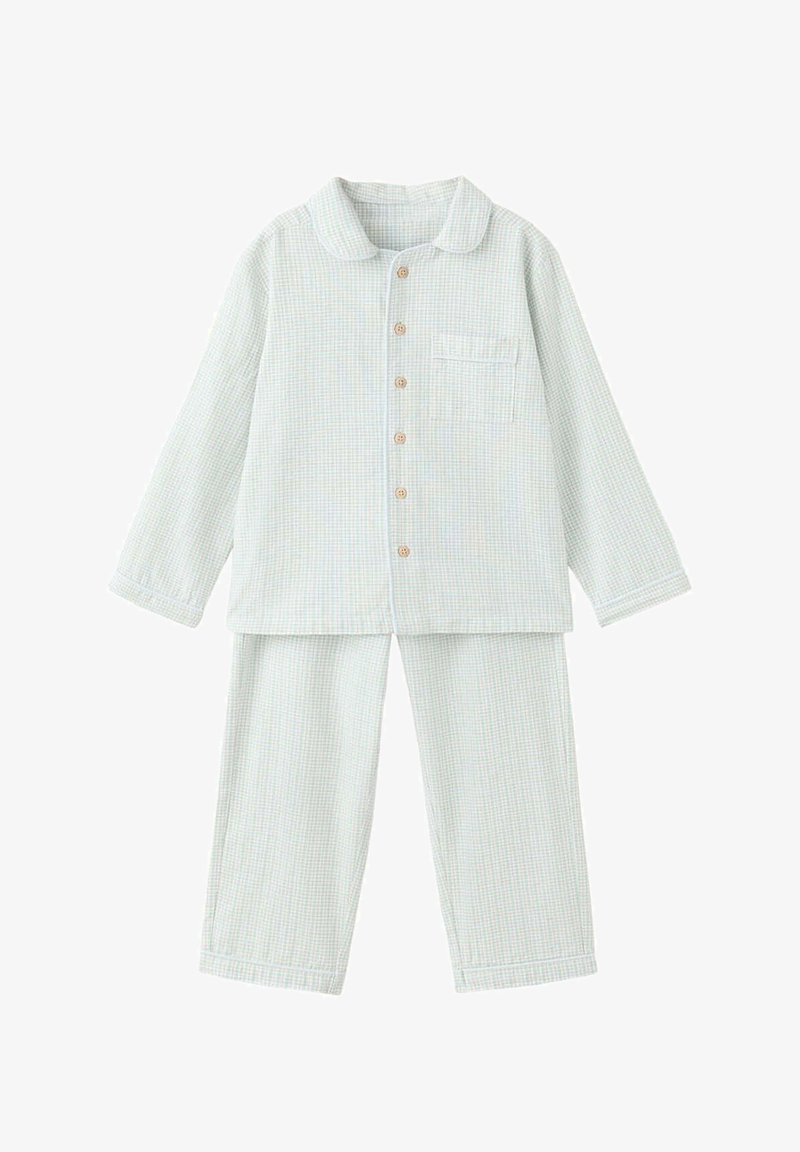 Pyjama deux pièces à carreaux vert clair, manches longues, haut boutonné avec col, poche avant et pantalon ample assorti.