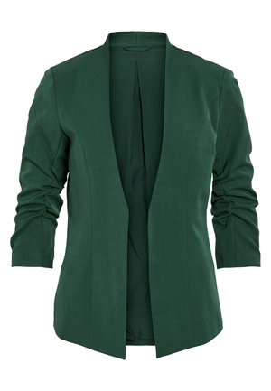 Zelený přizpůsobený blazer s šálovým límcem, nařasenými rukávy a bez knoflíků. Vyrobeno z hladkého materiálu, včetně zadního rozparku pro snadný pohyb.