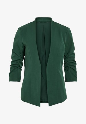 Zeleni sakou, prilagojen s šalom, z nabranimi rokavi in brez gumbov. Narejen iz gladkega materiala, vsebuje zadnji razporek za udobje gibanja.