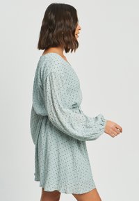 Svetlo modra obleka iz teksturirane tkanine. Ima dolge, napihnjene rokave, V-izrez in črn pikčast vzorec po vsej obleki.