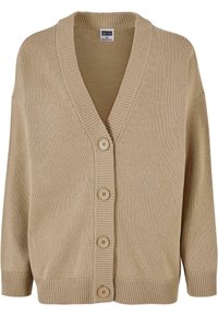 Cardigan en tricot beige avec col en V, quatre boutons à l'avant, poignets, ourlet et col côtelés, taille XS, marque Urban Classics.