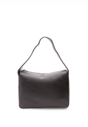 Black leather shoulder bag with a smooth texture, rectangular shape, and a single curved strap. Features a top zipper closure.