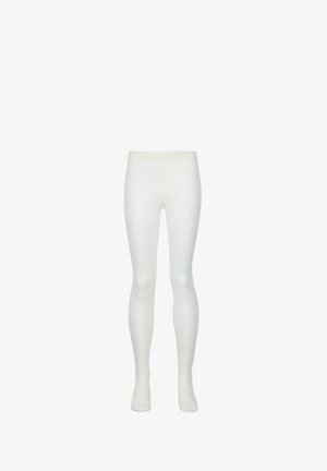 Weiße, undurchsichtige Strumpfhosen aus weichem Material. Sie verfügen über ein nahtloses Design mit einer glatten Textur und figurbetonter Passform.