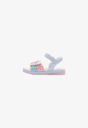 Sandalo per bambini azzurro chiaro e rosa con ricamo floreale, cinturini in velcro e suola rosa testurizzata.