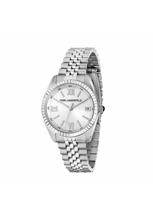Sølv Karl Lagerfeld armbåndsur med metalledsarmbånd, romerske tal, tre visere og datovisning ved klokken 3.