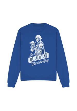 Blue sweatshirt with white graphic of a Mandalorian character holding Baby Yoda and text saying "The Dadalorian This is the Way."