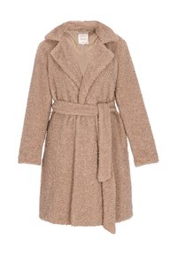 Cappotto beige, dalla texture soffice, con vita cintrata, ampi rever e maniche lunghe. Presenta un interno morbido e caldo e una lunghezza fino al ginocchio.