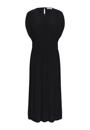 Rochie midi neagră cu decolteu rotund, talie adunată, mâneci scurte largi și închidere cu nasturi la spate.