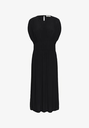 Čierne midi šaty s okrúhlym výstrihom, sťahovaným pásom, voľnými krátkymi rukávmi a zapínaním na gombíky vzadu.