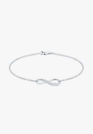 Silberne Kettenarmband mit einem Unendlichkeitssymbol, das entlang der Kurve mit einer Reihe kleiner klarer Edelsteine besetzt ist. Karabinerverschluss.